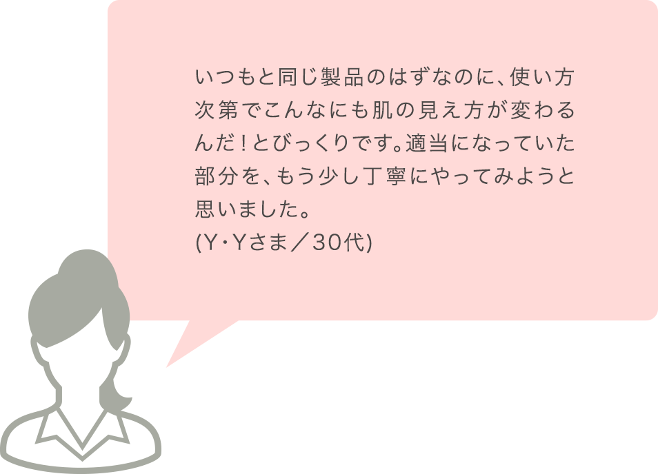 いつもと同じ製品のはずなのに、使い方次第でこんなにも肌の見え方が変わるんだ！とびっくりです。適当になっていた部分を、もう少し丁寧にやってみようと思いました。(Y･Yさま／30代)